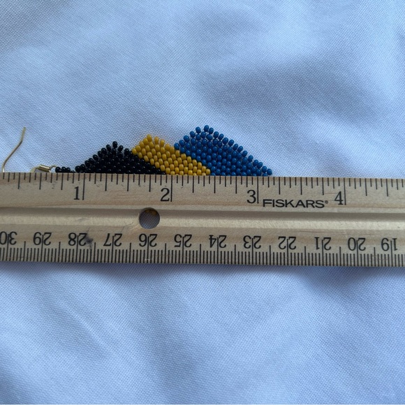 Handmade Seed Bead Blue/Yellow/Black Dangle Earrings - Picture 6 of 8